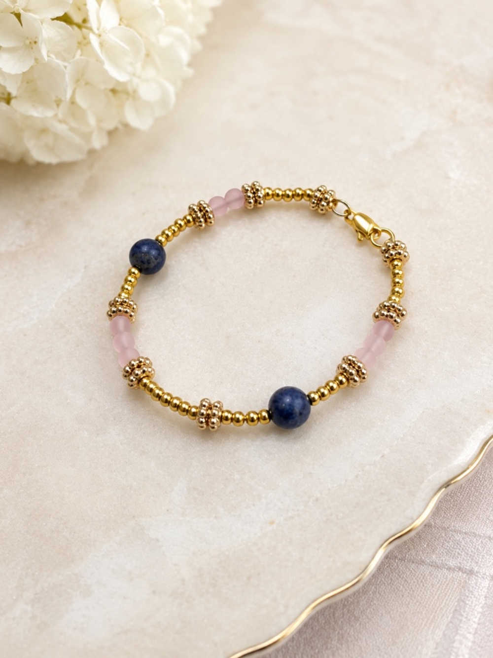 Blue Sodalite Bracelet Natural Gemstone Gold Handmade Jewelry 7"